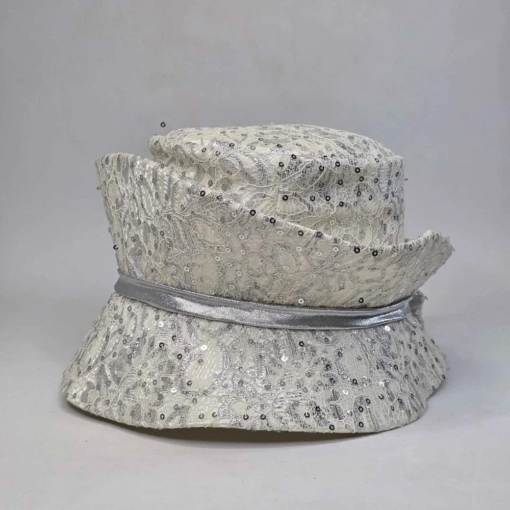 Ms Divine Hat Sun Women's Derby Church Brim Bow‎ Rhinestone Sequin White Silver